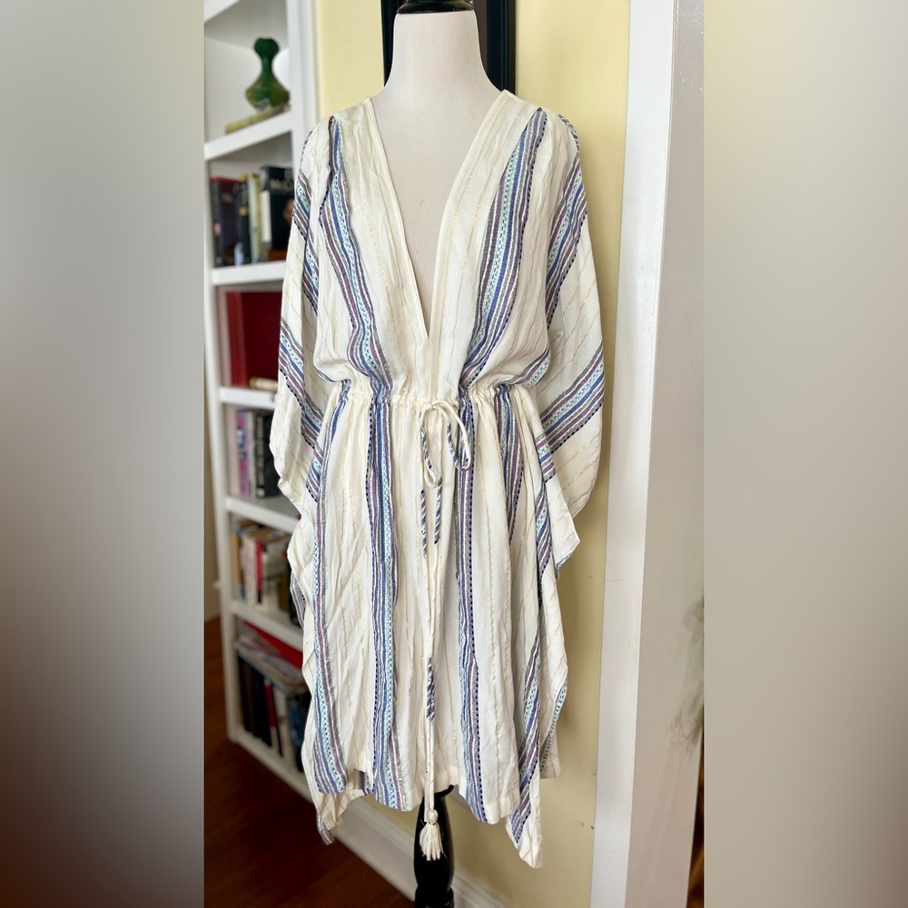 LoveStitch NWT Coverup Dress Poncho Tunic Drawstring Waist Tassles Stripe Print - Picture 2 of 8